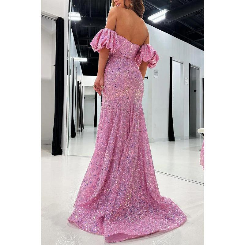 Robe de soirée à paillettes, épaules dénudées, manches bouffantes, perlée et fendue sur le côté 