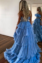 Robe de bal longue bleue tendance, sans bretelles, coupe trapèze, ornée de perles