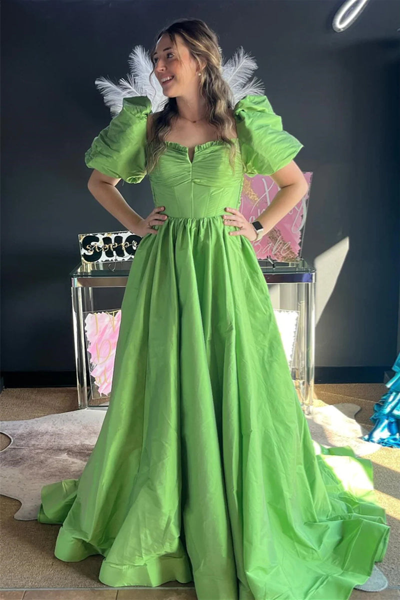 Lynette | Vestido de fiesta fucsia de corte en A con escote cuadrado y mangas abullonadas