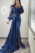 Long Sleeves V-neck Satin Mermaid Prom Dresses with Split