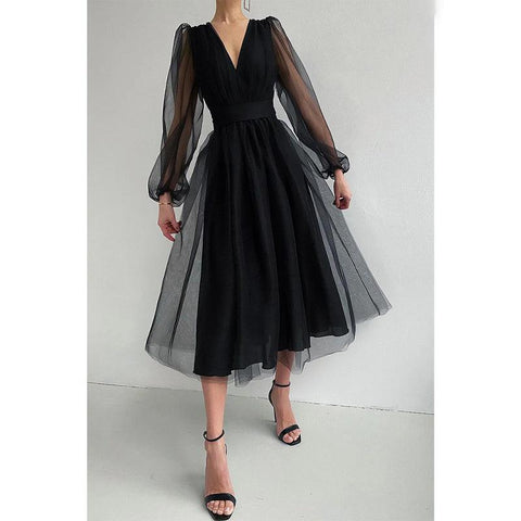 Robe longue sexy à col en V et manches longues pour anniversaire 