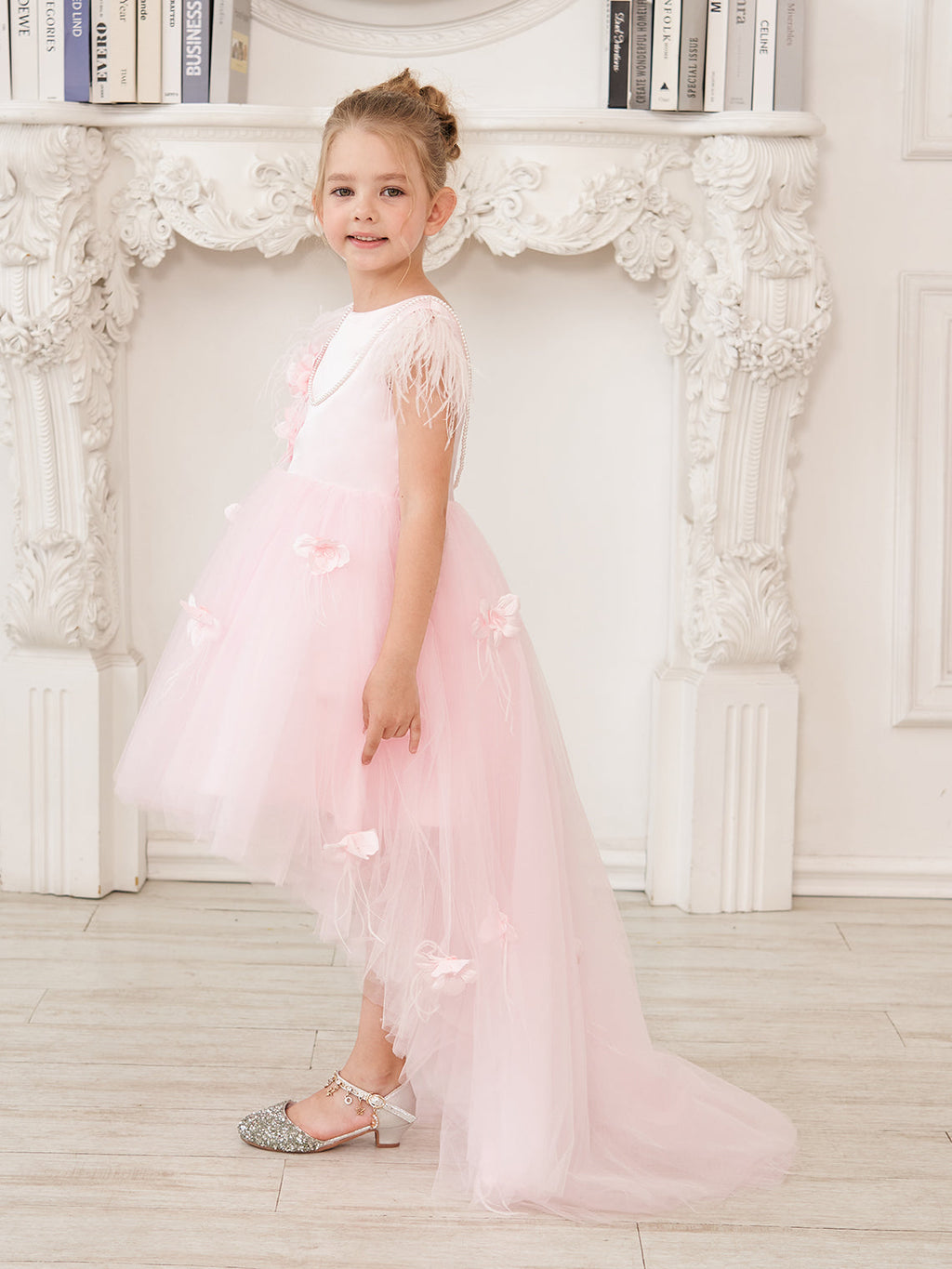 Vestido de niña de las flores de tul sin mangas estilo princesa con cuentas y lazo de plumas (010224704) 