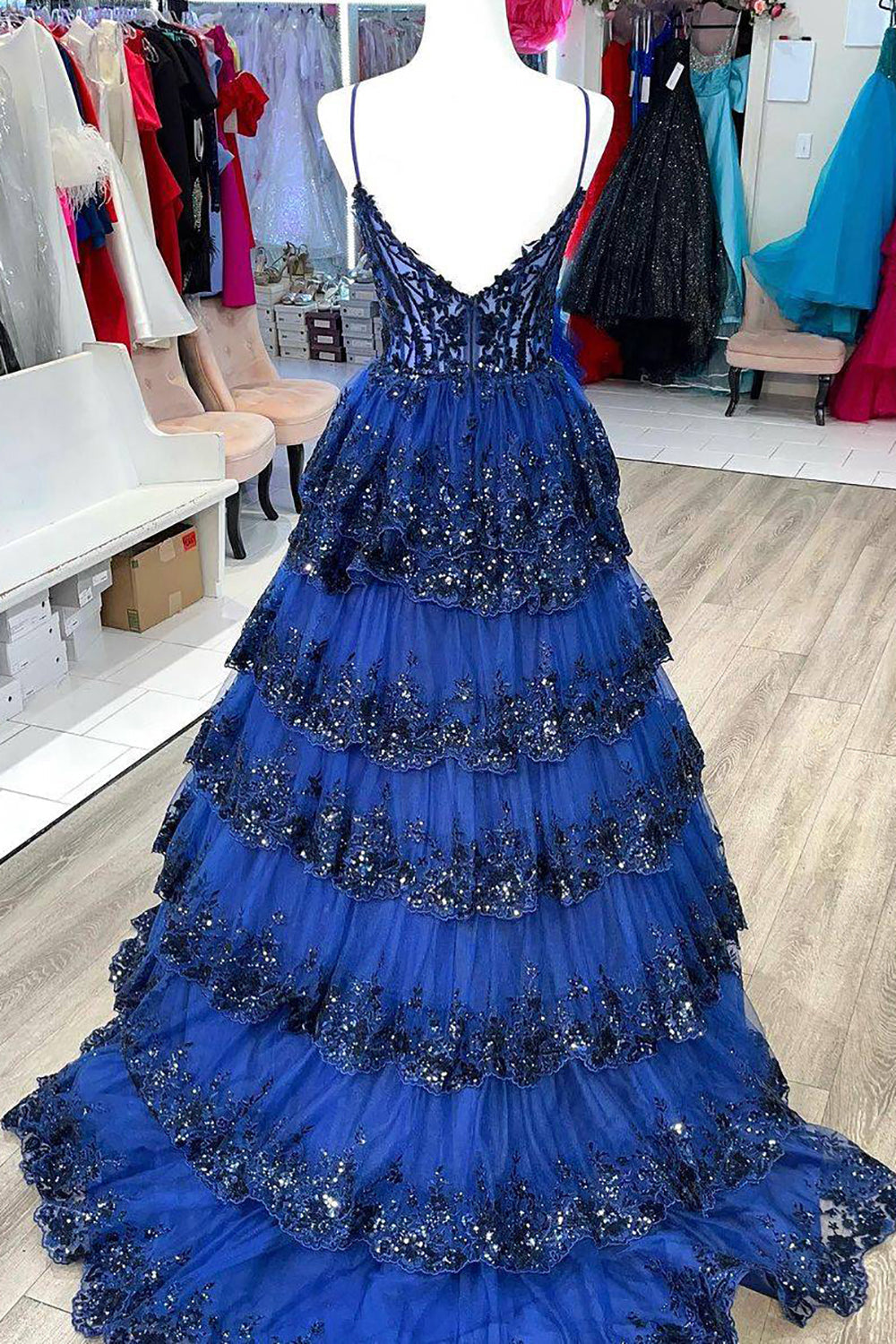 Vestido de fiesta negro de encaje con corsé, tirantes finos y corte en A, con volantes y tirantes finos.