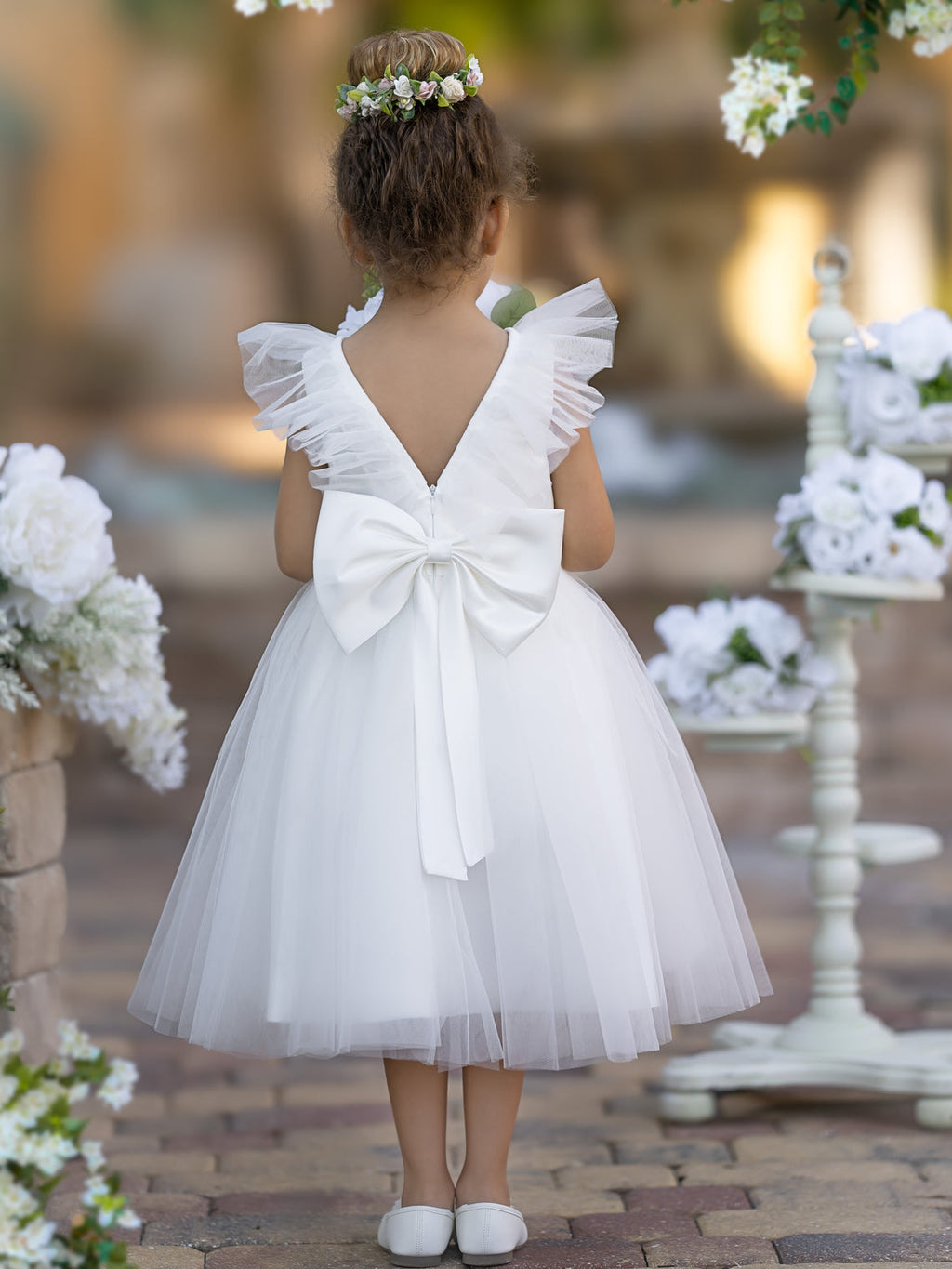 Vestido de niña de las flores de corte A, de satén y tul, hasta la rodilla 