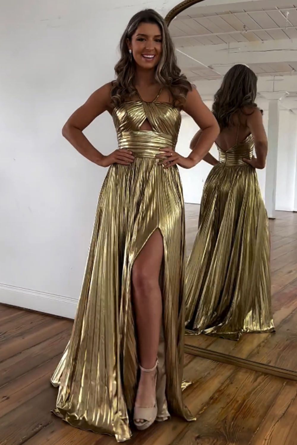 Sparkly A Line Halter Neck Pleated Long Prom Dress with Keyhole Slit