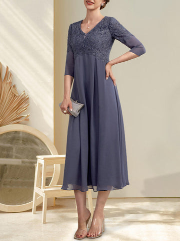 A-line V-Neck Tea-Length Chiffon Lace Mother of the Bride Dress With Beading