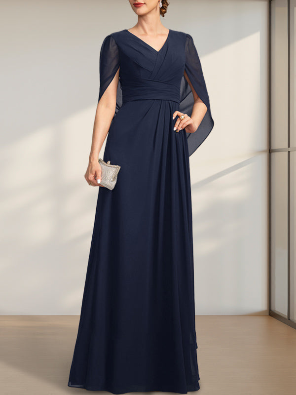 Vestido de gasa de corte A, escote en V y largo hasta el suelo para la madre de la novia, con pliegues