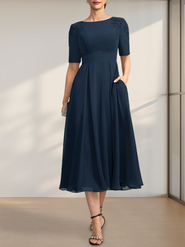 Vestido de corte A, escote redondo, largo té, de gasa, para la madre de la novia, con apliques de encaje y lentejuelas.