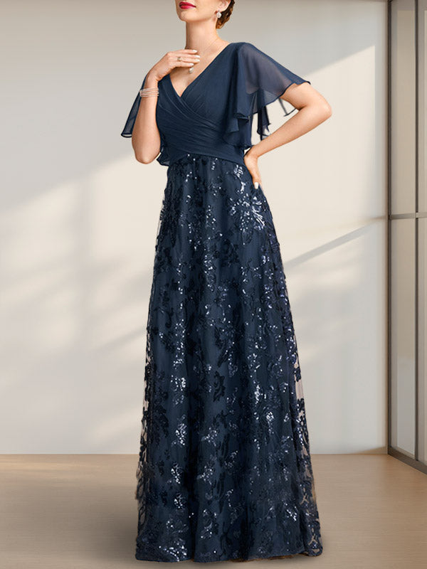 Vestido de novia de corte A, escote en V, largo hasta el suelo, de encaje, lentejuelas y gasa, con pliegues.