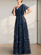 Vestido de novia de corte A, escote en V, largo hasta el suelo, de encaje, lentejuelas y gasa, con pliegues.