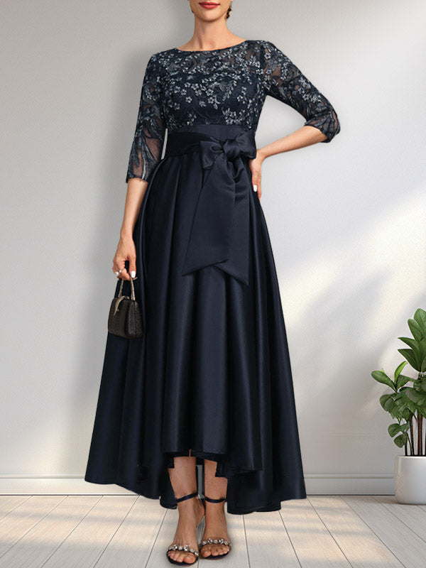 Vestido de madrina de la novia, corte asimétrico, escote ilusión, satén y encaje, con lazo.