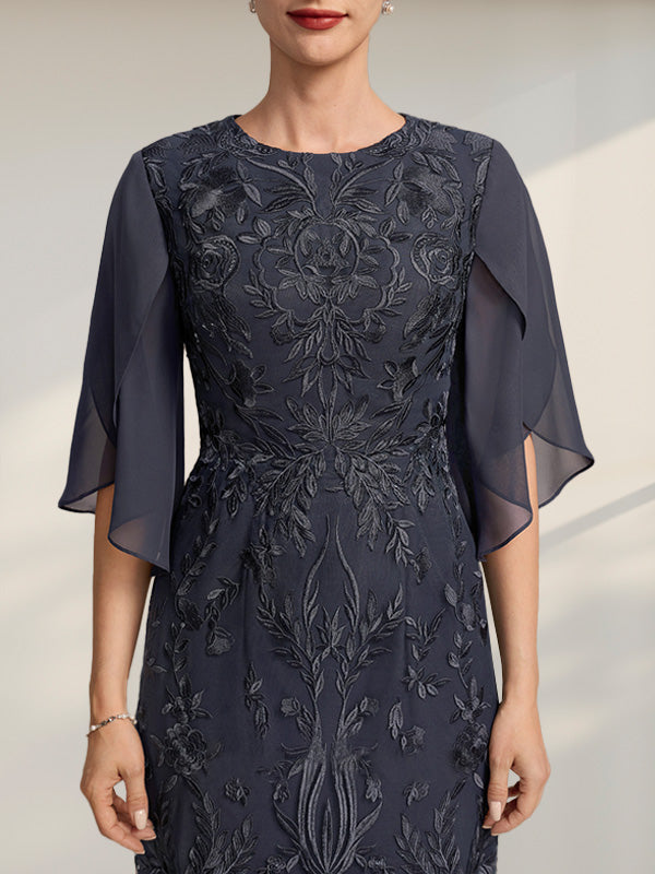 Vestido de novia de gasa de encaje, corte recto/columna, largo hasta la rodilla, con escote redondo.