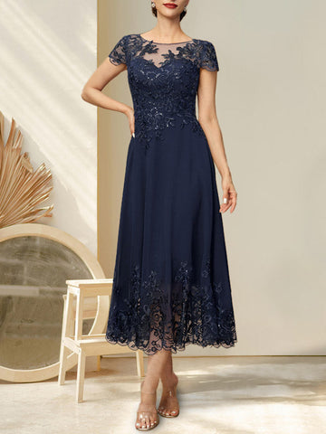 A-line Illusion Scoop Tea-Length Lace Chiffon Mother of the Bride Dress With Sequins