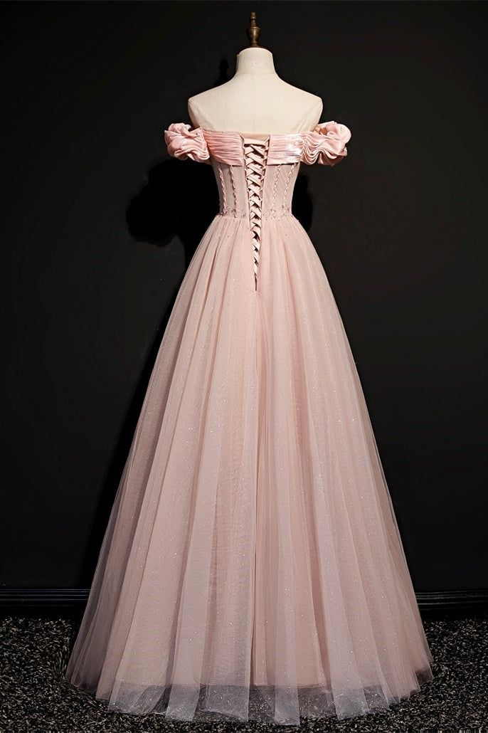 Vestido de princesa rosa de tul con cuentas, estilo princesa, con hombros descubiertos, vestido de noche Y7584