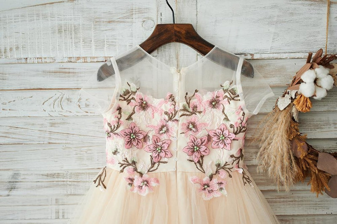 Vestido de niña de las flores de tul corte A hasta la rodilla 