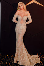 Robe de soirée sirène champagne à manches longues ornée de perles