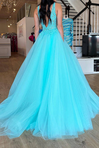 Gorgeous A Line V Neck Purple Long Prom Dress with Appliques