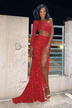 Sheath One Shoulder Blue Sequins Long Prom Dress with Cut Out