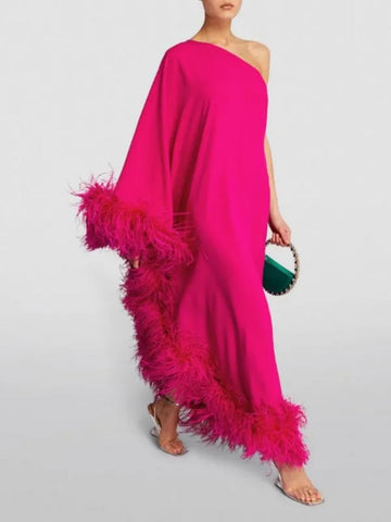 Robe de soirée ample à une épaule et plumes, collection printemps-été femme – Une option élégante et stylée pour les occasions spéciales 