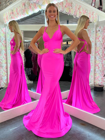 Vestido largo de fiesta de satén rosa sirena con escote en V y espalda descubierta