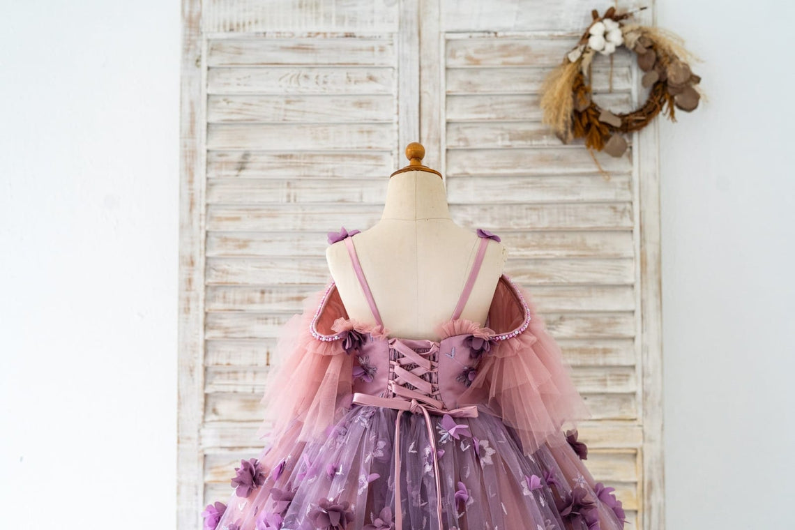 Vestido de gala/de princesa con tul y flores en 3D hasta el suelo 