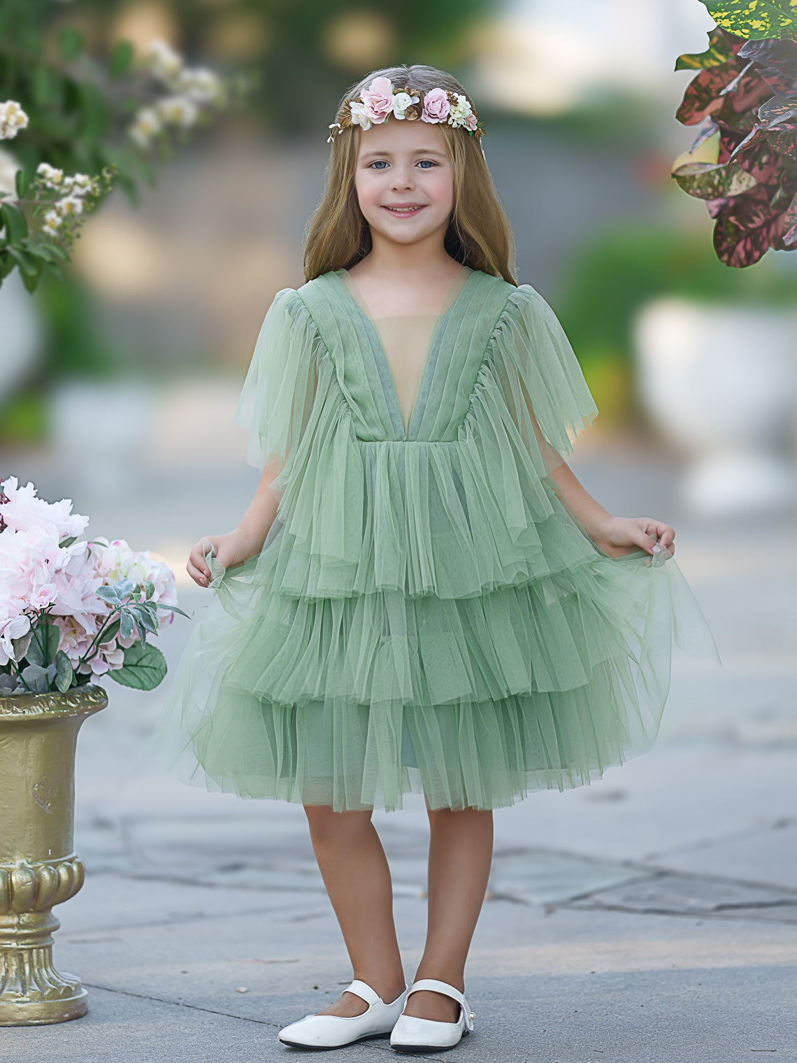 Vestido de niña de las flores de tul verde elegante de hada del jardín encantado