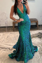 Nina | Robe de bal longue sirène rose à sequins et décolleté plongeant en V | Robe de bal longue à sequins et col V profond Nina