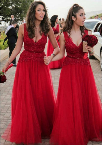 Vestidos de dama de honor rojos baratos con escote en V, apliques de cuentas y estilo sexy de Baoleely