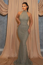 Robe de soirée sirène longue sans manches à col halter