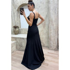 Vestido de fiesta largo con tirantes finos y cuentas, con abertura en la espalda 