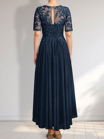 A-line Scoop Illusion Asymmetrical Chiffon Lace Mother of the Bride Dress With Sequins