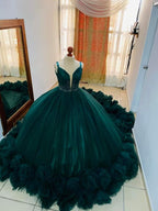 Impresionante vestido de gala de tul con espalda de encaje, vestido de princesa color verde azulado con volantes Y1233