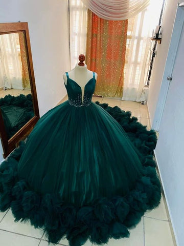 Robe de bal en tulle somptueuse avec laçage au dos, robe de princesse turquoise à volants Y1233