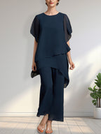 Vestido de gasa de dos piezas para la madre de la novia: mono/traje pantalón con escote redondo y largo hasta el tobillo.