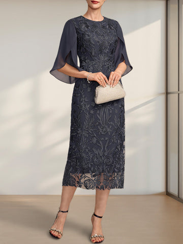 Sheath/Column Scoop Tea-Length Lace Chiffon Mother of the Bride Dress