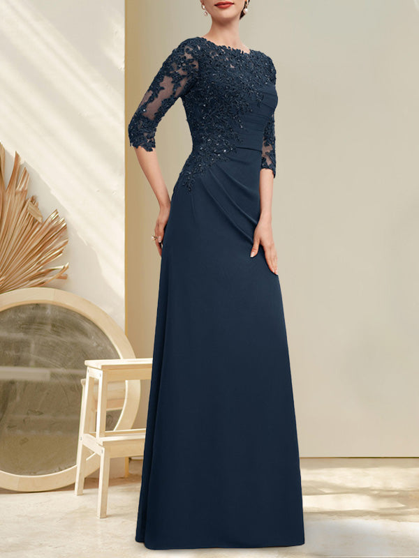 Robe de mariée trapèze en mousseline de soie et dentelle, longue jusqu'au sol, ornée de perles et de sequins plissés, idéale pour la mère de la mariée.