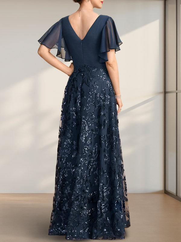 Vestido de novia de corte A, escote en V, largo hasta el suelo, de encaje, lentejuelas y gasa, con pliegues.