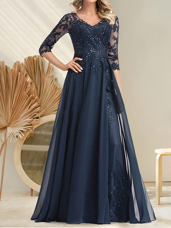 Vestido de novia de corte A, escote en V, largo hasta el suelo, de gasa de encaje con lentejuelas para la madre de la novia
