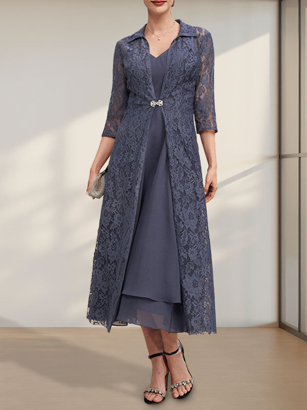 Robe de mère de la mariée en mousseline, coupe trapèze, col en V, longueur thé
