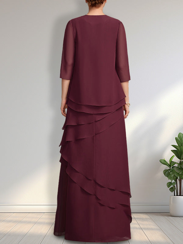 Vestido de gasa de corte recto y escote redondo hasta el suelo para la madre de la novia
