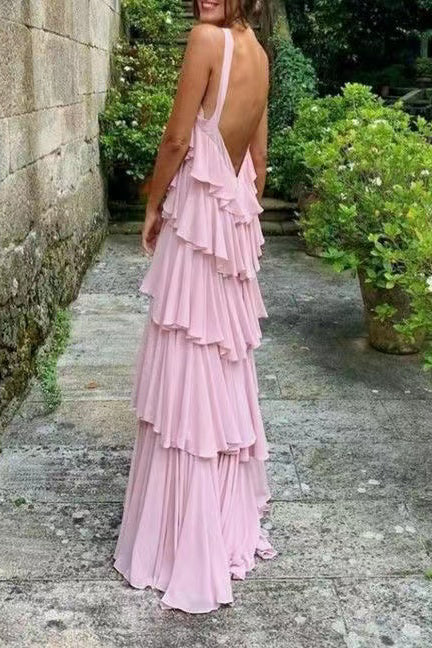 Elegante vestido de fiesta de gasa con cuello halter y espalda descubierta con capas Y1232