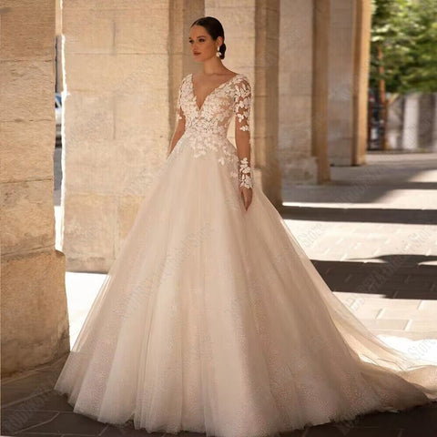 Exquisite Wedding Dresses Long Sleeves Sexy Backless Bride Gowns Applique Princess Tulle A-Line vestidos de novia