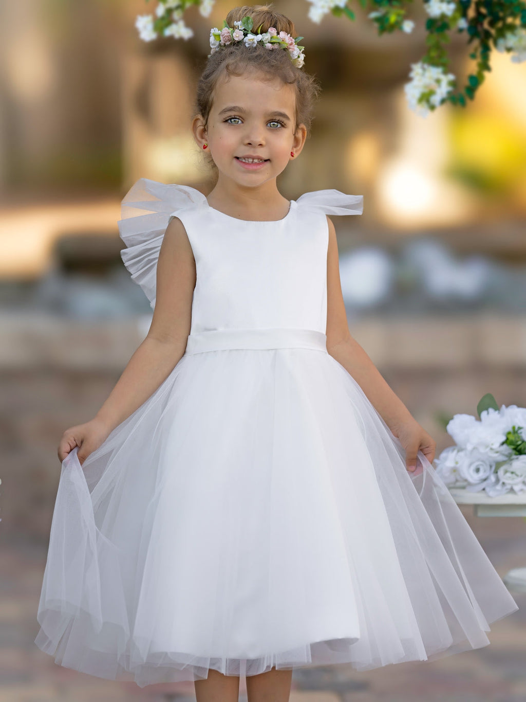 Vestido de niña de las flores de corte A, de satén y tul, hasta la rodilla 