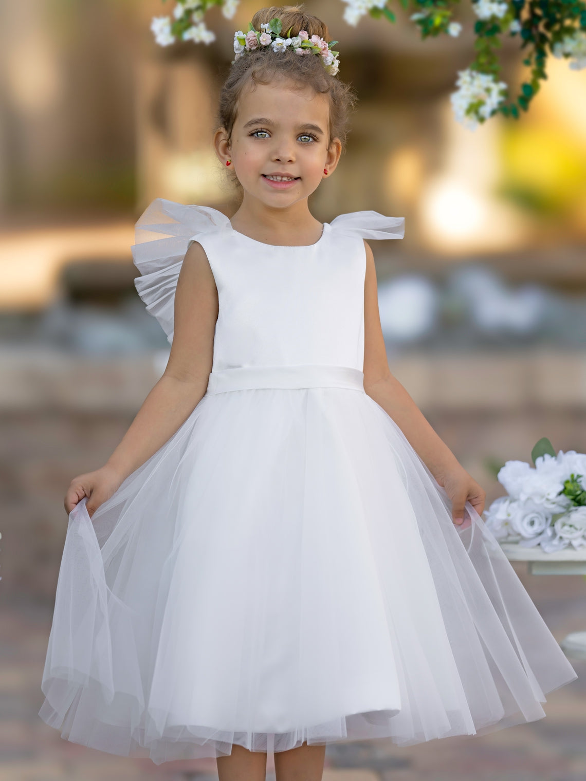 Vestido de niña de las flores de corte A, de satén y tul, hasta la rodilla 