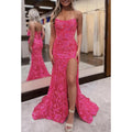 Robe de soirée bustier à paillettes et perles avec fente latérale 