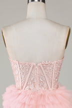 Lindo vestido de fiesta de línea A, escote corazón, corsé rosa claro con volantes