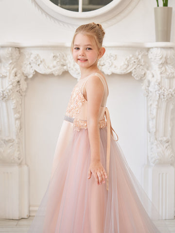 Vestido color champán de corte A con cola de tul satinado (010226776) 