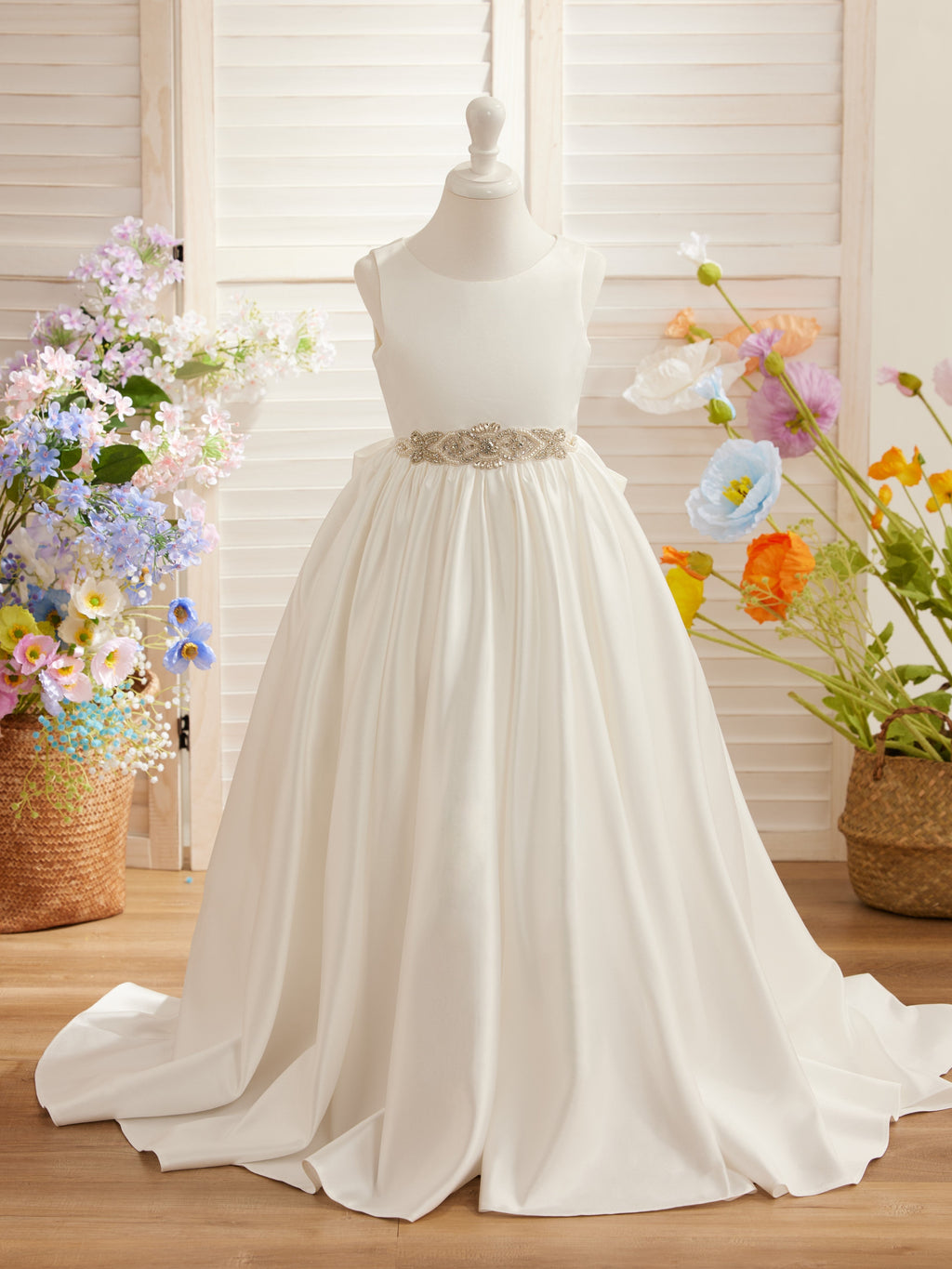 Vestido de princesa de satén con cola para niña de las flores 