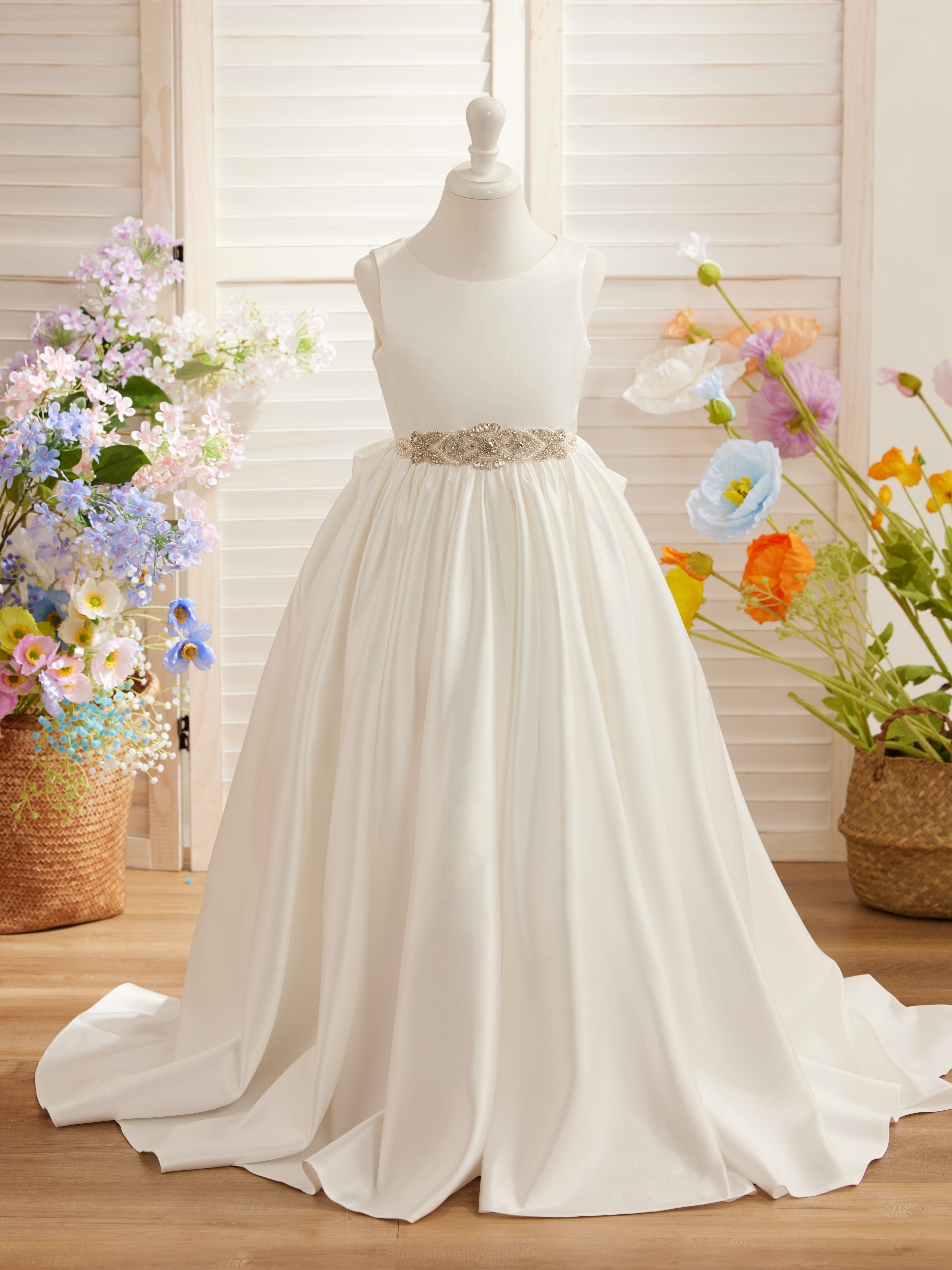 Vestido de princesa de satén con cola para niña de las flores 