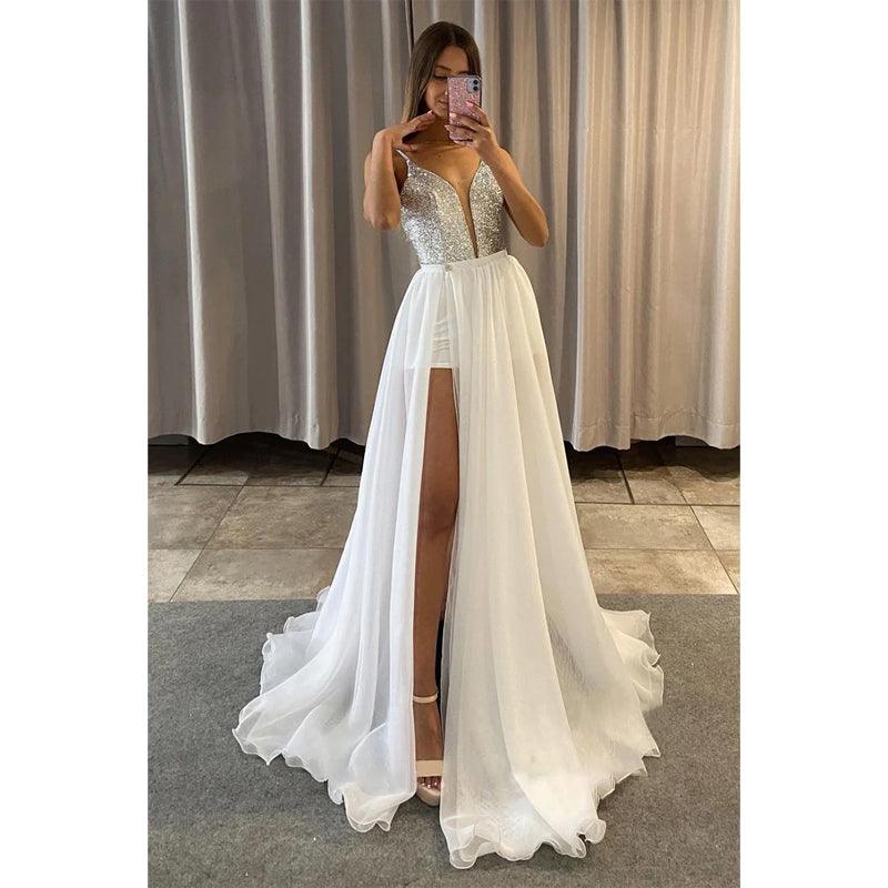 Plunging V-neck Sequins High Split Long Prom Dress with Detachable Train